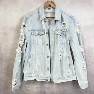 Manfinity Mens Denim Jacket M Distressed Ripped Grunge Light Wash Y2K Streetwear